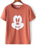 Romwe Round Neck Mickey Print Khaki T-shirt