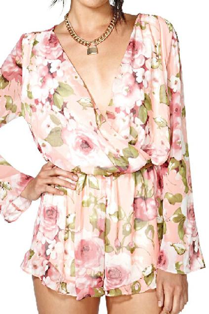 Romwe Floral Print V-neck Playsuit