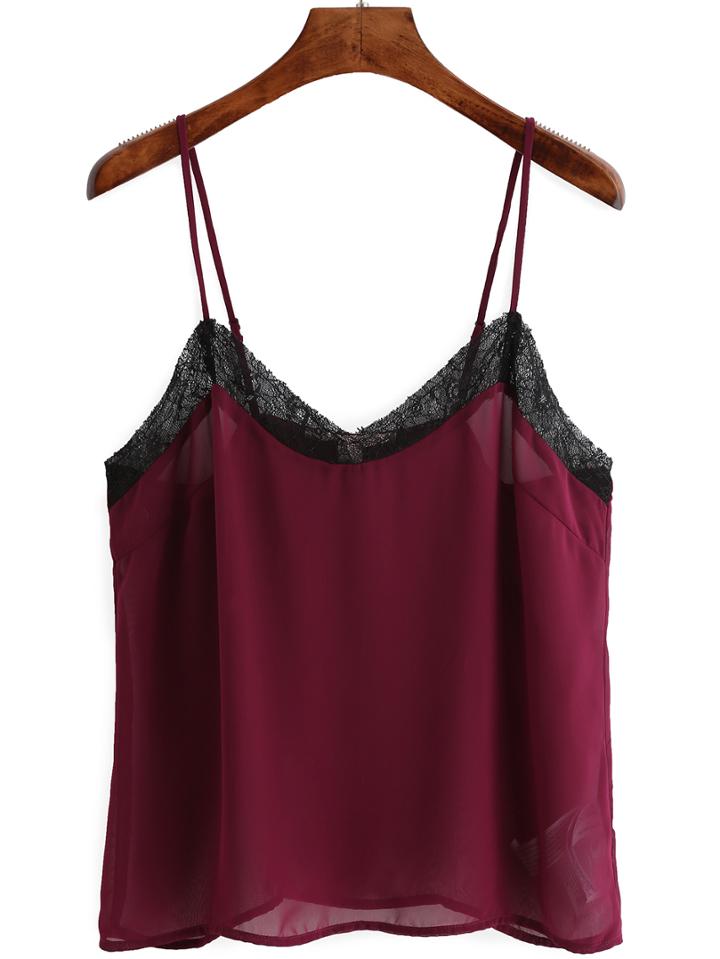 Romwe Contrast Lace Spaghetti Strap Chiffon Cami Top