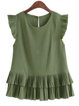 Romwe Pleated Cap Sleeve & Hem Top - Olive Green