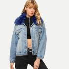 Romwe Studded Faux Fur Neckline Drop Shoulder Denim Jacket