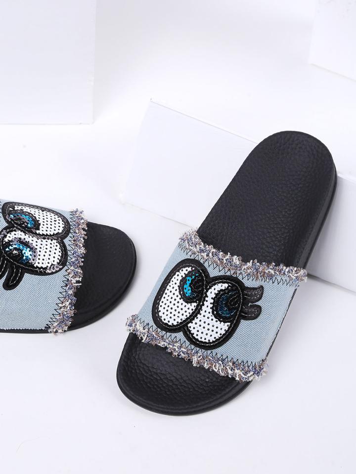 Romwe Light Blue Eye Detail Denim Flat Slippers