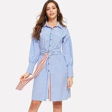 Romwe Button Through Belted Striped Dress