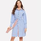 Romwe Button Through Belted Striped Dress