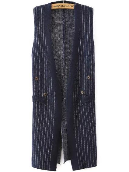 Romwe Vertical Striped Slit Buttons Navy Sweater Vest