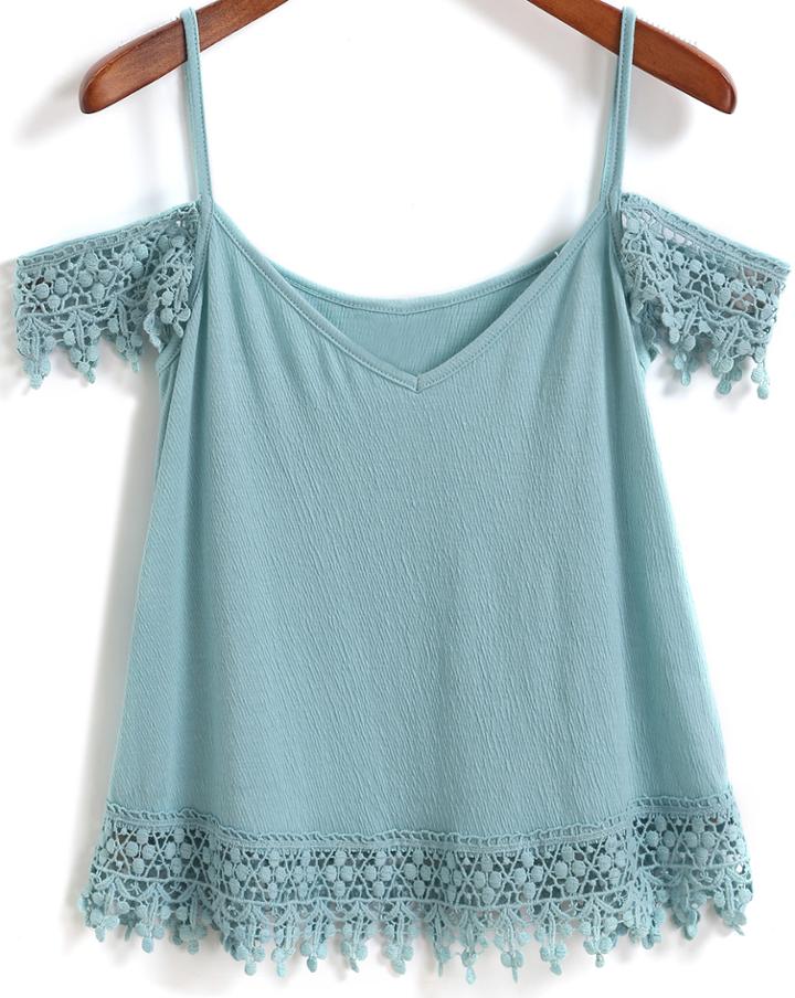 Romwe Spaghetti Strap Floral Crochet Green Cami Top