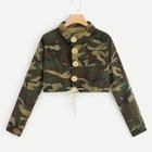 Romwe Drawstring Hem Single Breasted Camouflage Print Crop Jacket