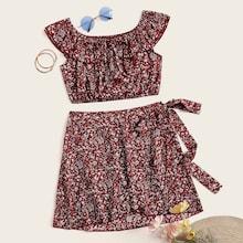 Romwe Ditsy Floral Ruffle Trim Top With Tie Side Skirt