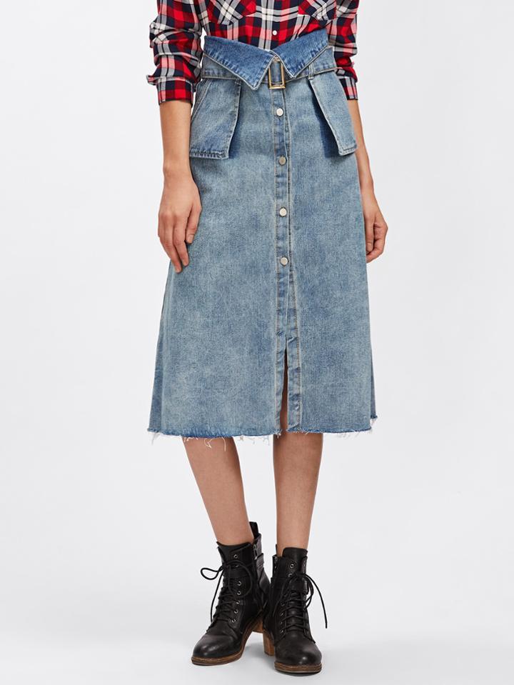 Romwe Bleach Wash Roll Up Hem Denim Skirt