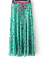 Romwe Bird Print Pleated Skirt With Drawstring