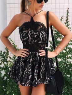 Romwe Black Halter Neck Lace Skater Dress