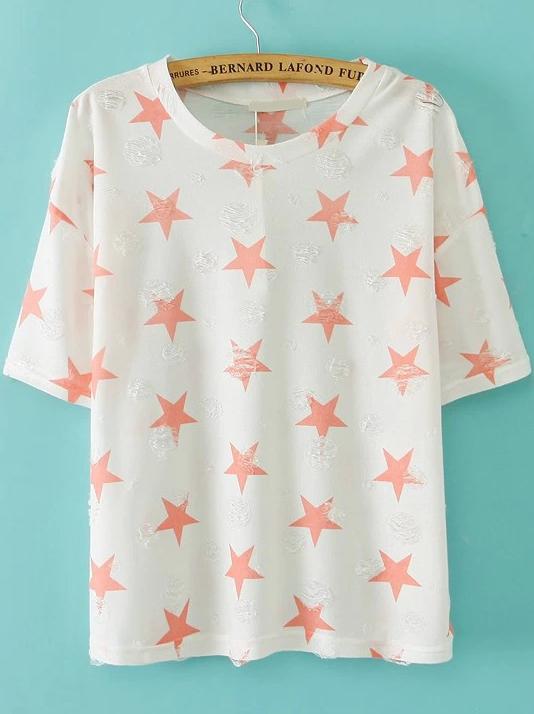 Romwe Round Neck Star Print Ripped T-shirt