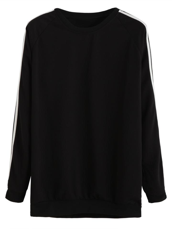 Romwe Black Raglan Sleeve Contrast Striped Trim Sweatshirt