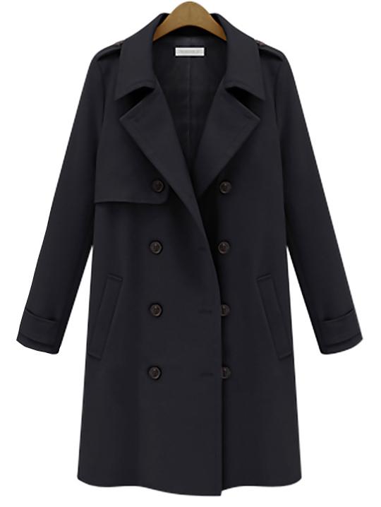 Romwe Lapel Epaulet Double Breasted Black Coat