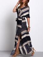 Romwe Navy Split Tie-waist Vintage Print Maxi Dress