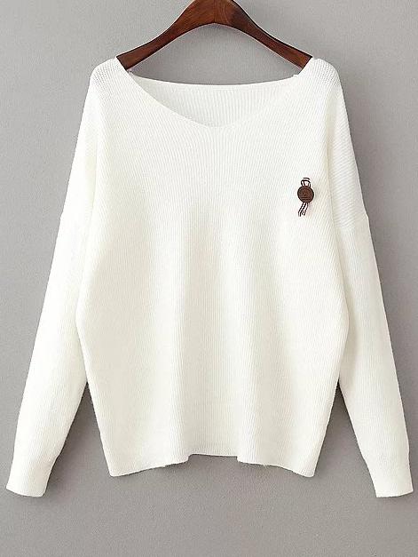 Romwe White V Neck Drop Shoulder Loose Sweater With Brooch
