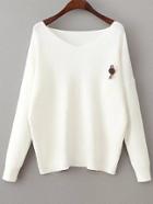 Romwe White V Neck Drop Shoulder Loose Sweater With Brooch