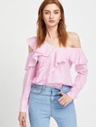 Romwe Striped Off Shoulder Asymmetric Placket Frill Top