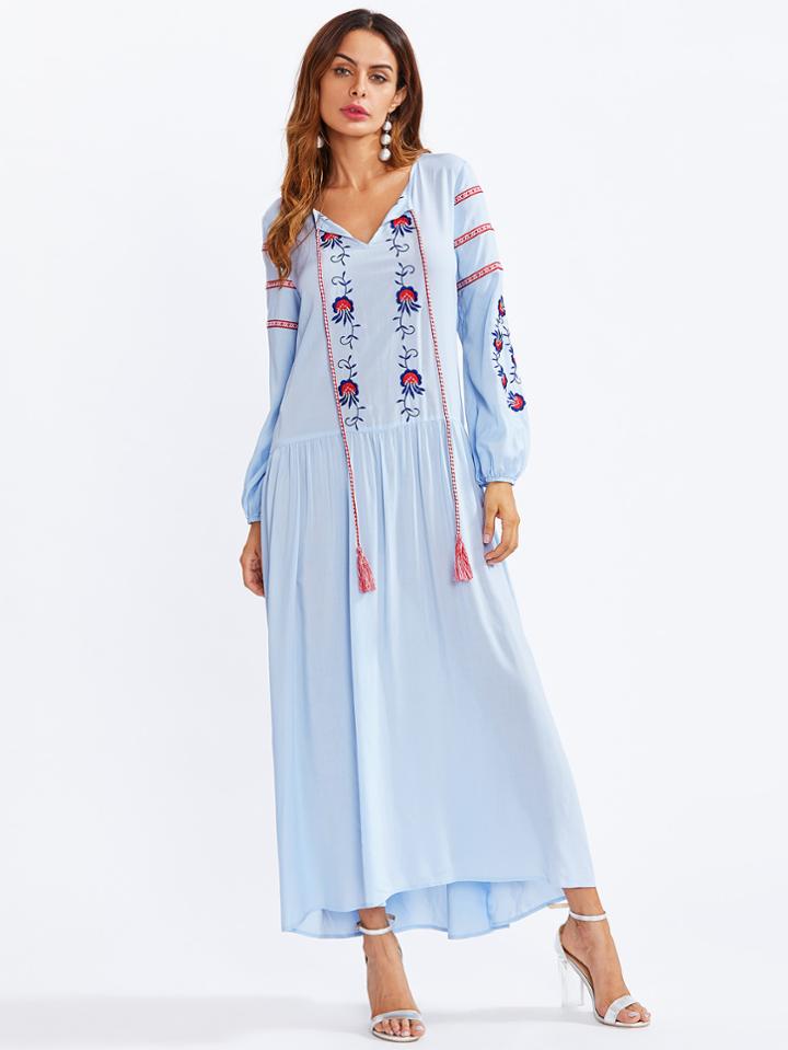 Romwe Tasseled Tie Neck Embroidered Smock Dress