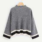 Romwe Plus Mock Neck Striped Trim Sweater