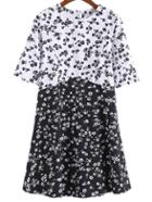 Romwe Black White Half Sleeve Zipper Back Floral Dress