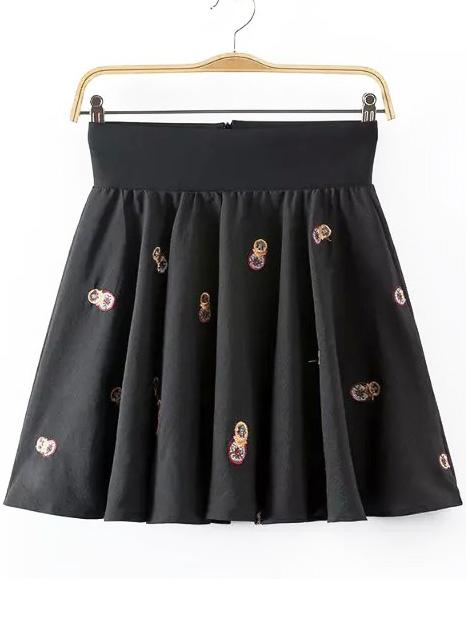 Romwe Embroidered Flare Black Skirt