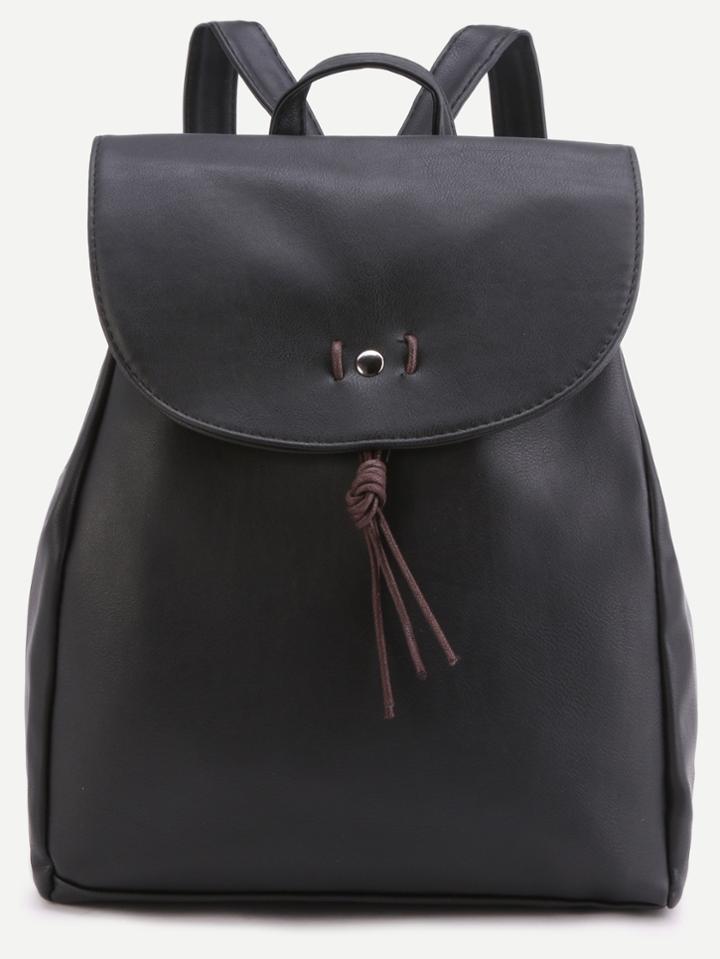 Romwe Black Faux Leather Flap Tassel Backpack