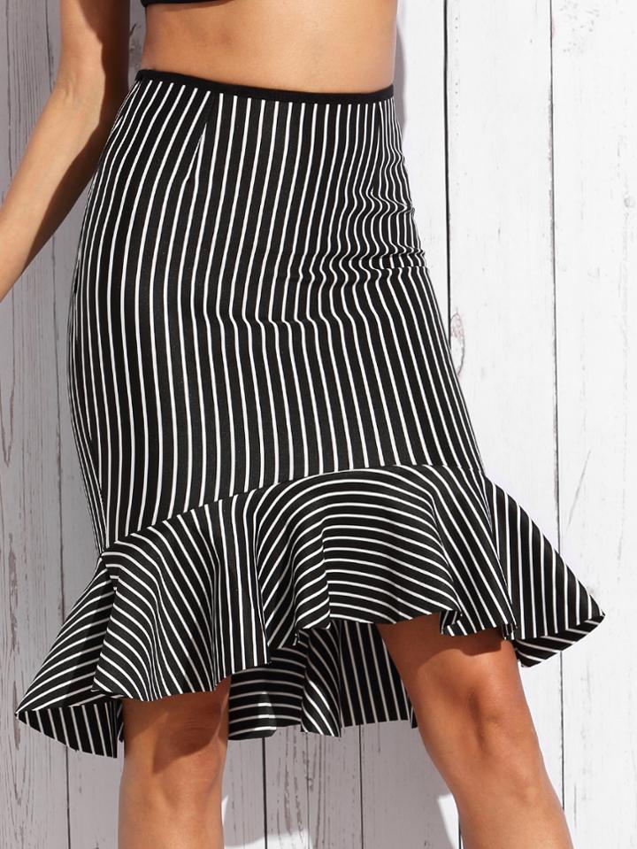 Romwe Black Mixed Stripe Fishtail Skirt