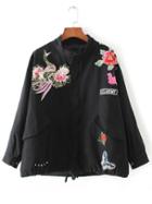 Romwe Black Floral Embroidery Drawstring Pocket Coat