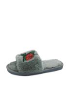 Romwe Embroidered Rose Faux Fur Slippers