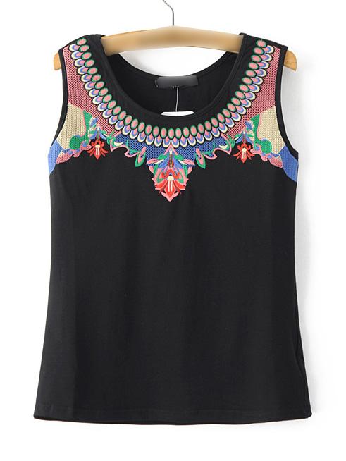 Romwe Black Embroidery Casual Tank Top