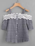 Romwe Open Shoulder Gingham Lace Trim Single Breasted Blouse