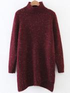 Romwe Burgundy Ribbed Trim Turtleneck Asymmetrical Longline Sweater