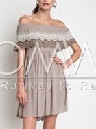 Romwe Coffee Off The Shoulder Ruffle With Lace Dress