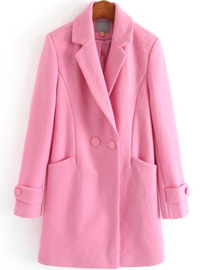 Romwe Lapel Double Breasted Pockets Long Pink Coat