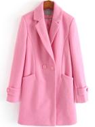 Romwe Lapel Double Breasted Pockets Long Pink Coat
