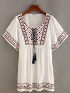 Romwe Embroidery Tassel-tie Peasant Dress