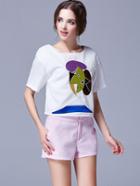 Romwe Short Sleeve Cartoon Embroidered Top With Shorts
