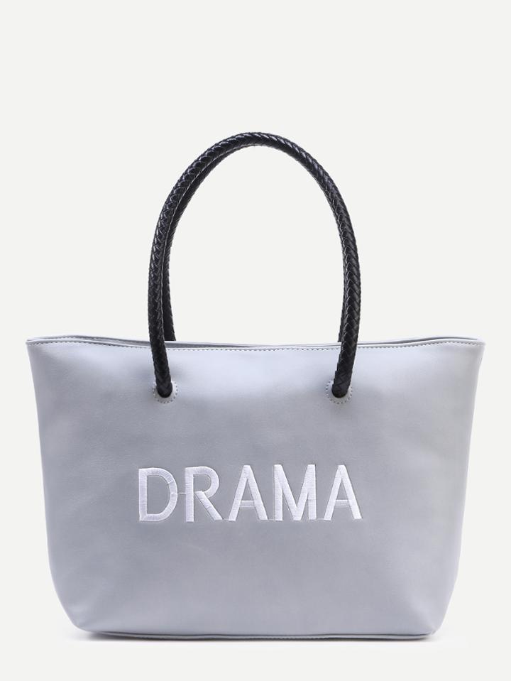Romwe Grey Letter Embroidered Braided Handle Shopper Bag