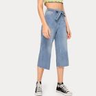 Romwe Button Waist Wide Leg Belted Jeans