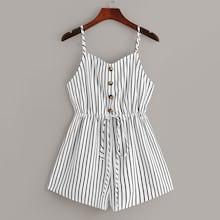 Romwe Half Placket Drawstring Waist Striped Cami Romper