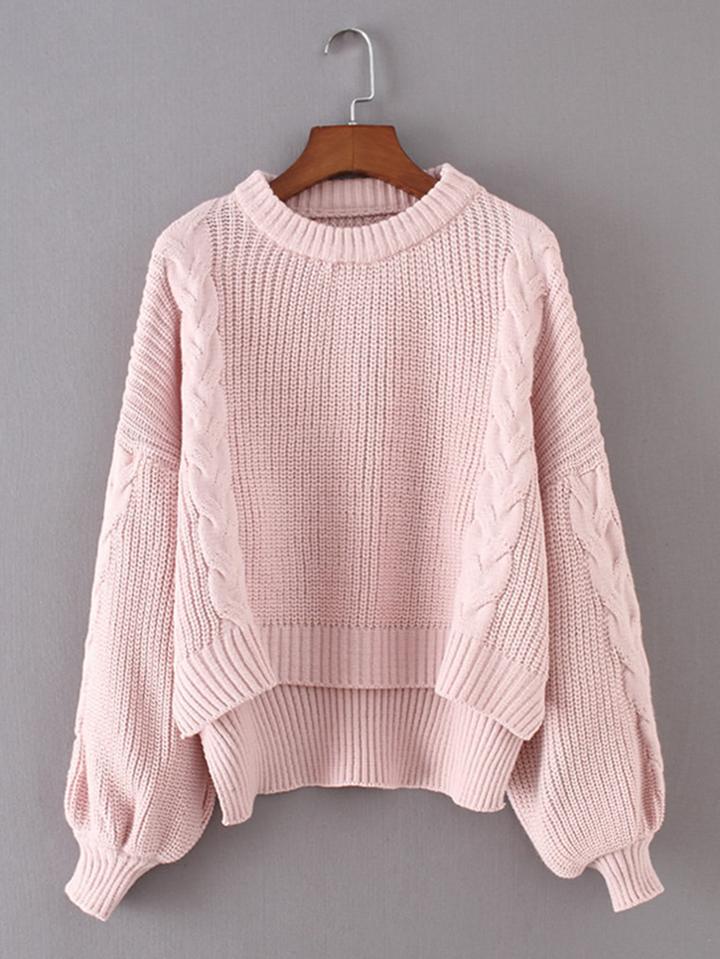 Romwe Drop Shoulder Dip Hem Cable Knit Sweater