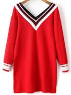 Romwe Red Striped Trim Double V Neck Knit Dress