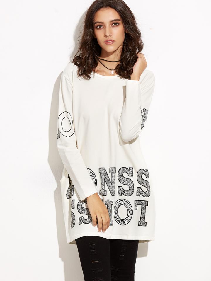 Romwe Ivory Glitter Letter Long Sleeve Pocket T-shirt