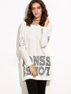 Romwe Ivory Glitter Letter Long Sleeve Pocket T-shirt