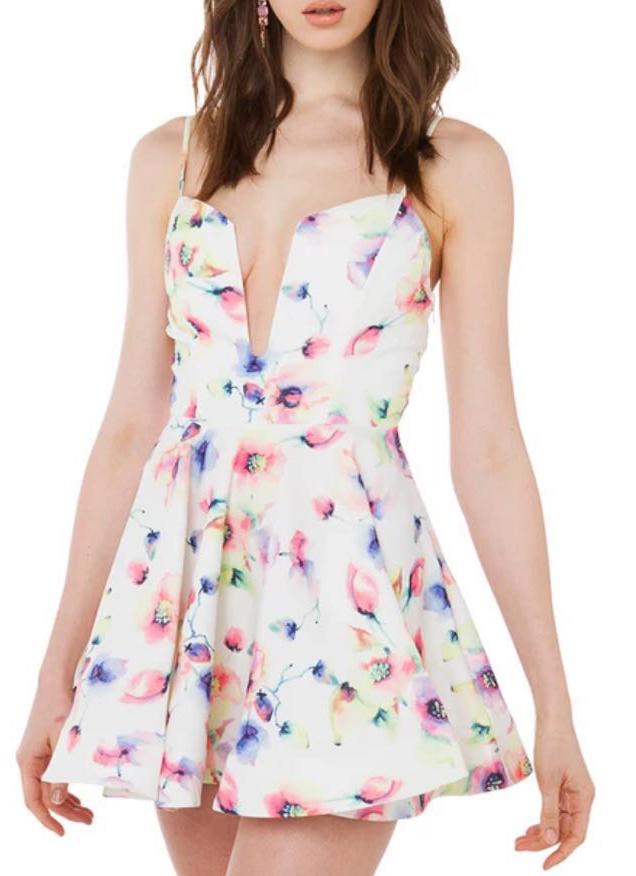 Romwe Spaghetti Strap V Cut Florals Flare Dress
