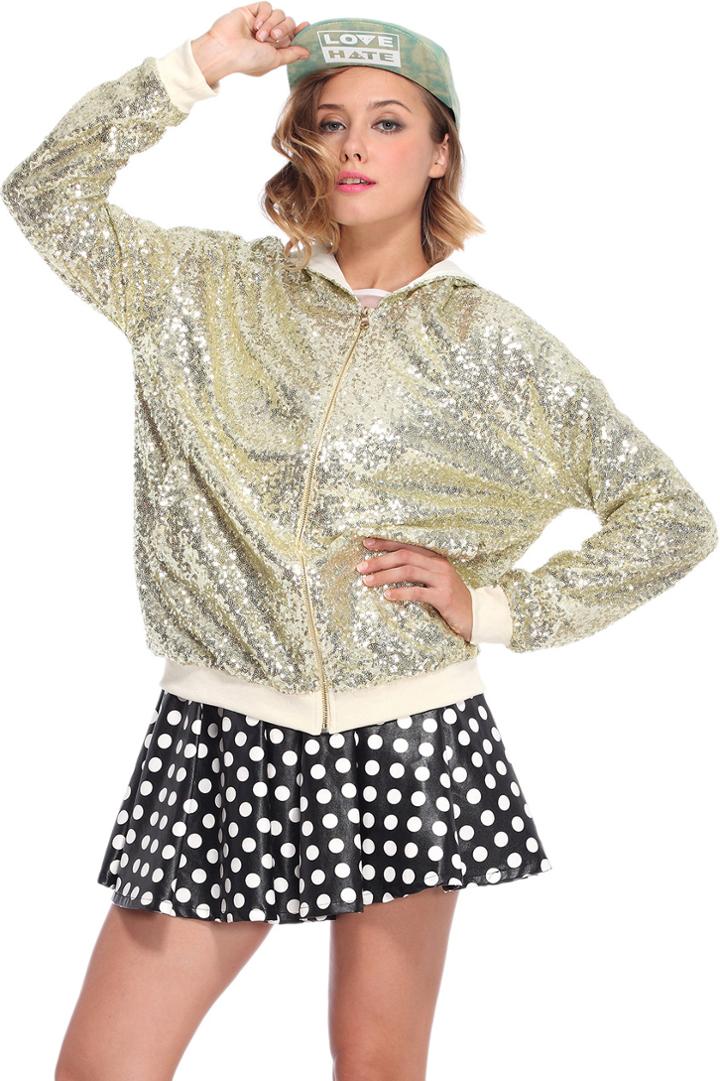 Romwe Light Golden Sequins Embellished Coat