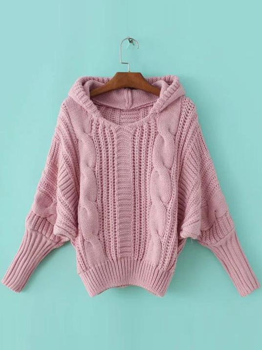 Romwe Pink Cable Knit Hooded Sweater