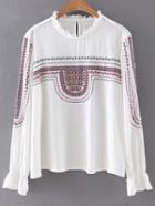 Romwe White Ruffle Neck Keyhole Back Embroidery Blouse