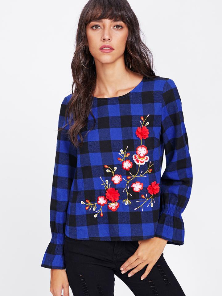 Romwe Botanical Embroidery Frill Cuff Gingham Blouse